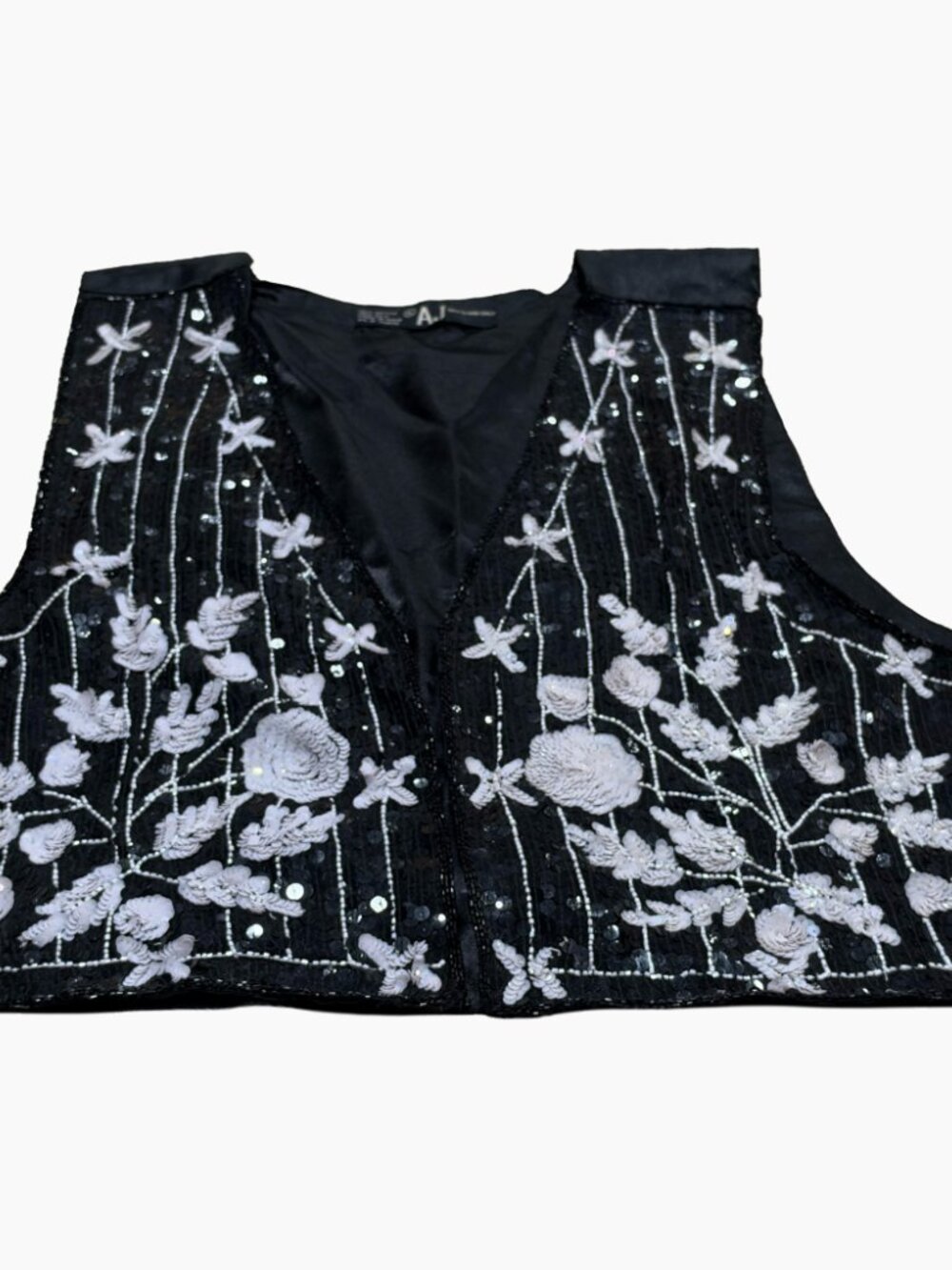Vintage 90s AJ Black Silk Beaded Floral Vest Whimsigoth Gothic Glam XL